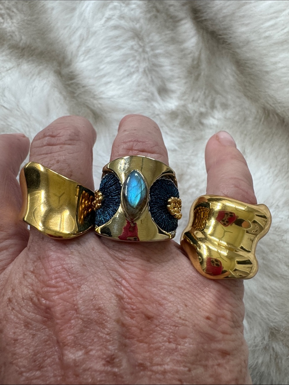 Gold-Tone Statement Rings one with Blue Marquise Stone Accent two solid